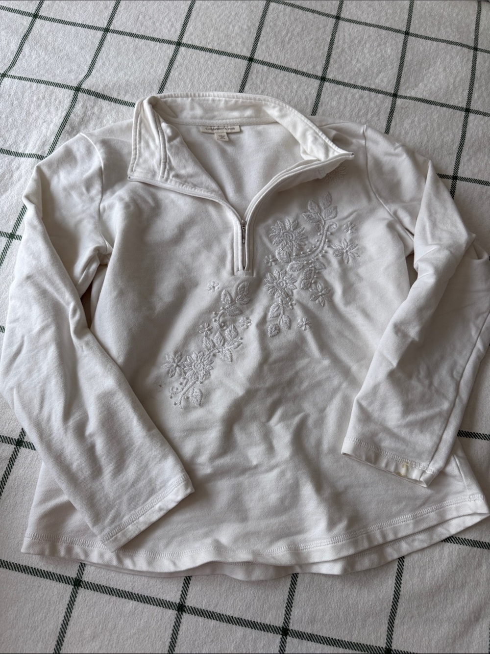 Coldwater Creek White Embroidered Half-Zip Long Sleeve Top